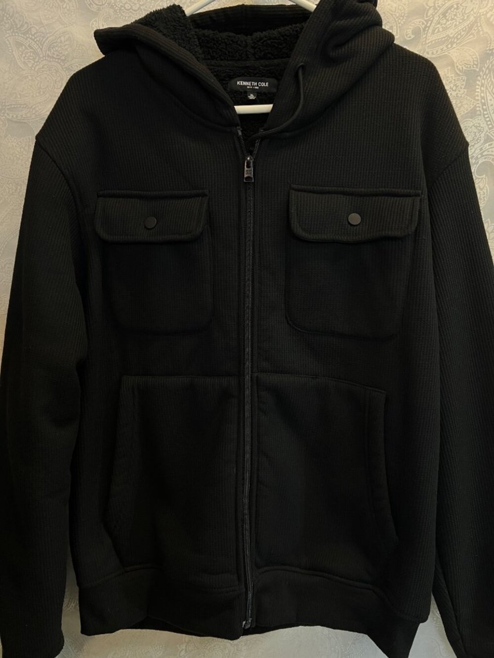Kenneth Cole Mens Black Sherpa-Lined Hoodie Jacket XL Full-Zip With Pockets